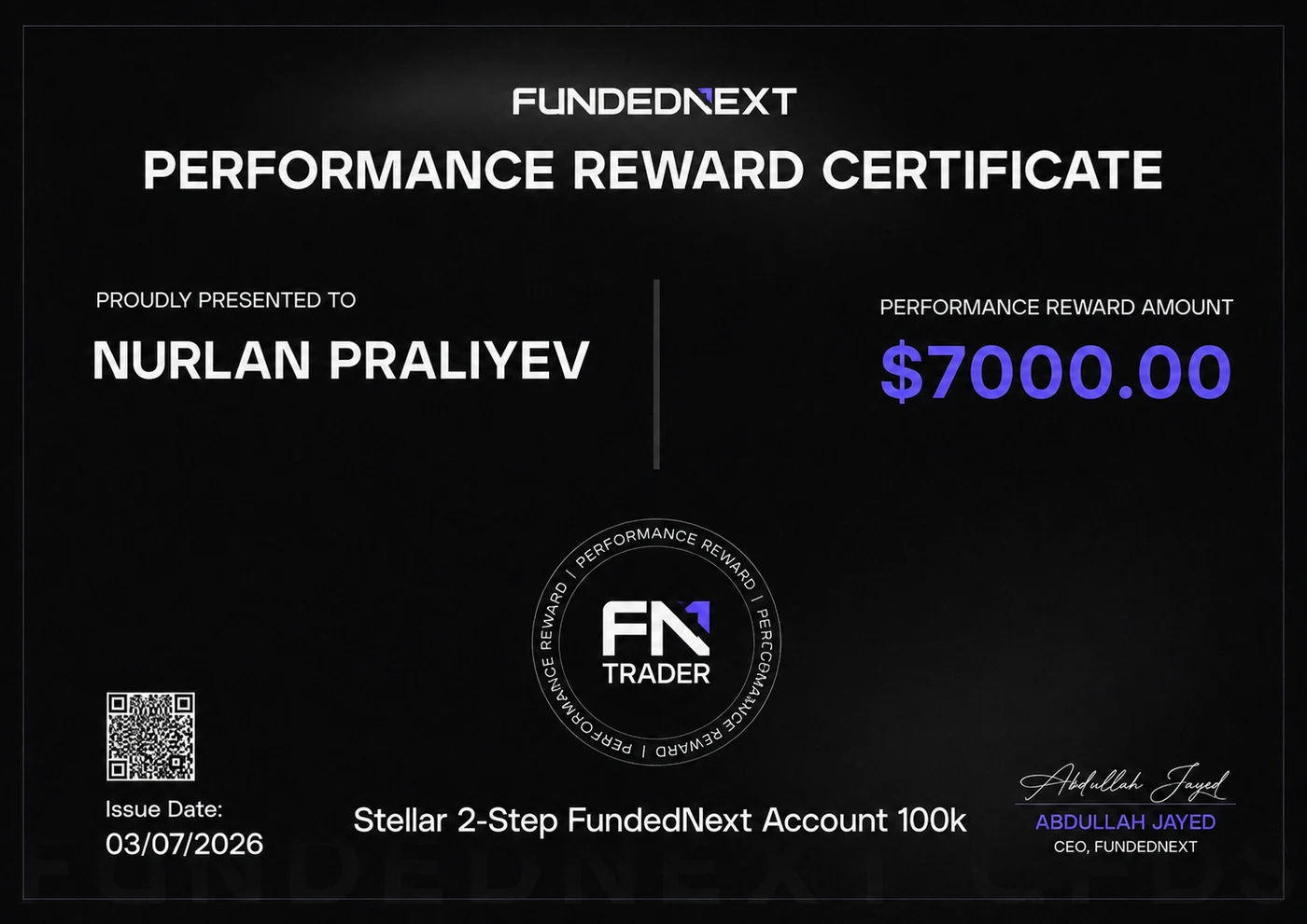 Выплата Нурлану Пралиеву от FundedNext — 7 000 долларов