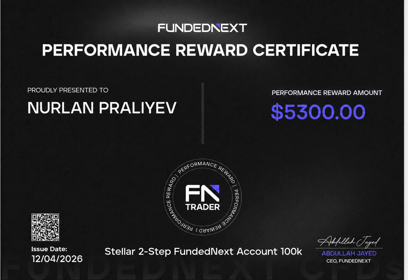 Выплата Нурлану Пралиеву от FundedNext — 5 300 долларов